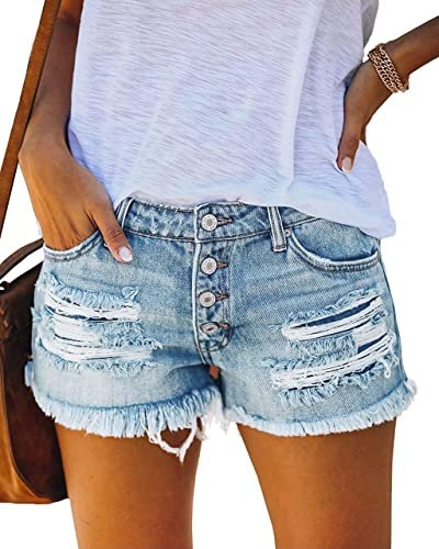 Dwnipkq Women's Stretchy Denim Shorts Mid Waisted Raw Hem