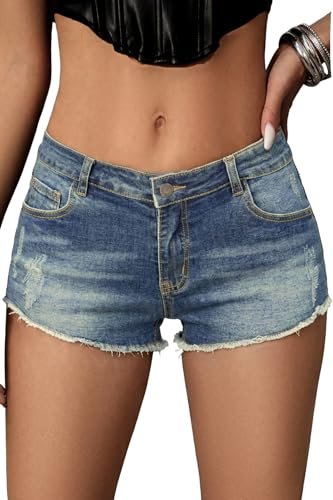 ELLEVEN Low Rise Mini Jean Shorts for Women Stretchy Fringe