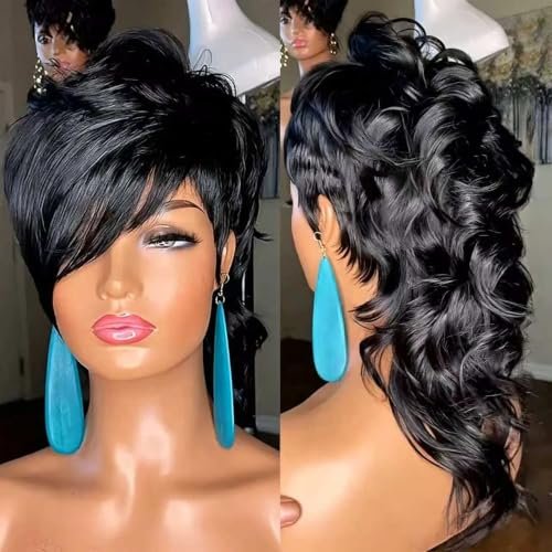 QiaQiaRing 80s90s Mullet Human Hair Wigs Pixie Cut
